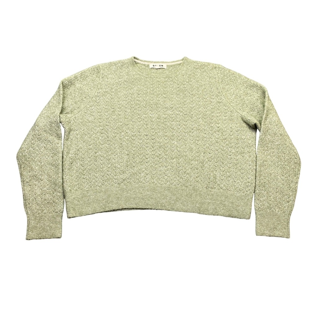 Boden Womens XL Sage Green Pointelle Knit Mohair Wool Blend Cropped Sweater